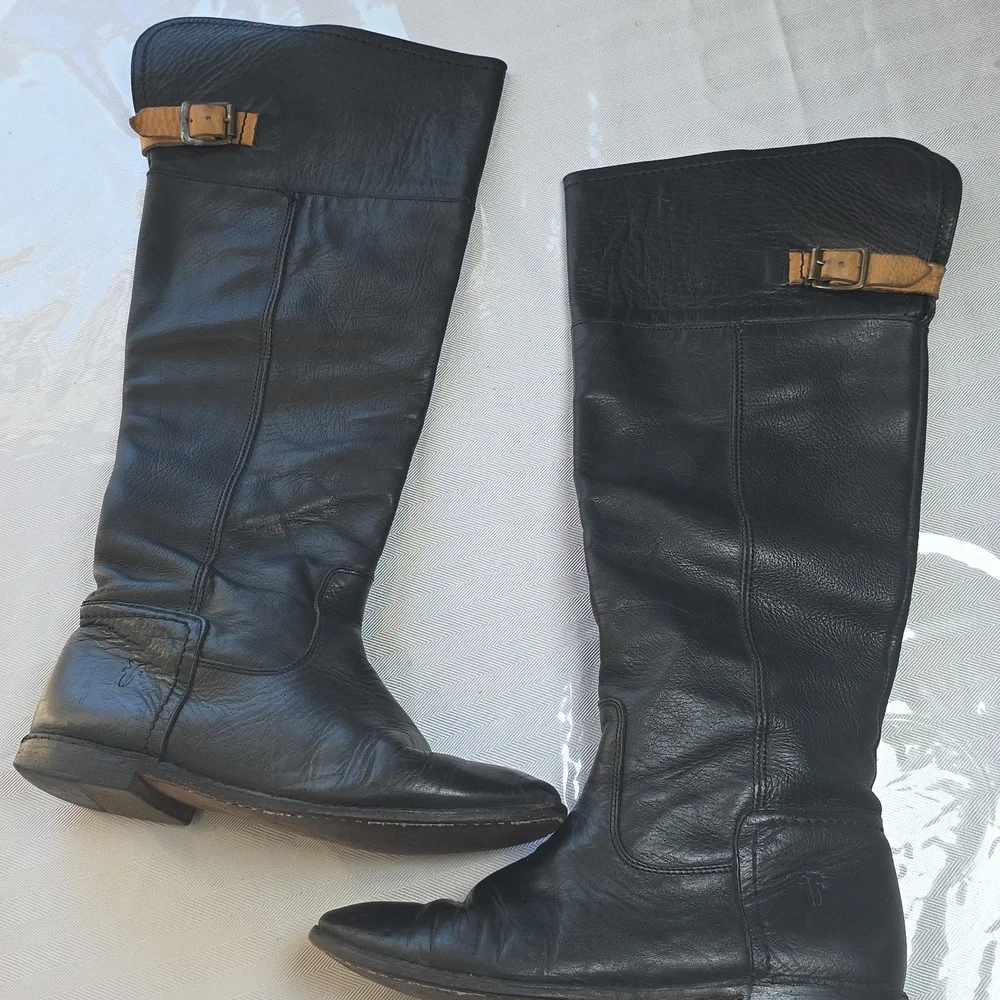 Frye Black Leather Knee-High Boots with Buckle 7.5‎